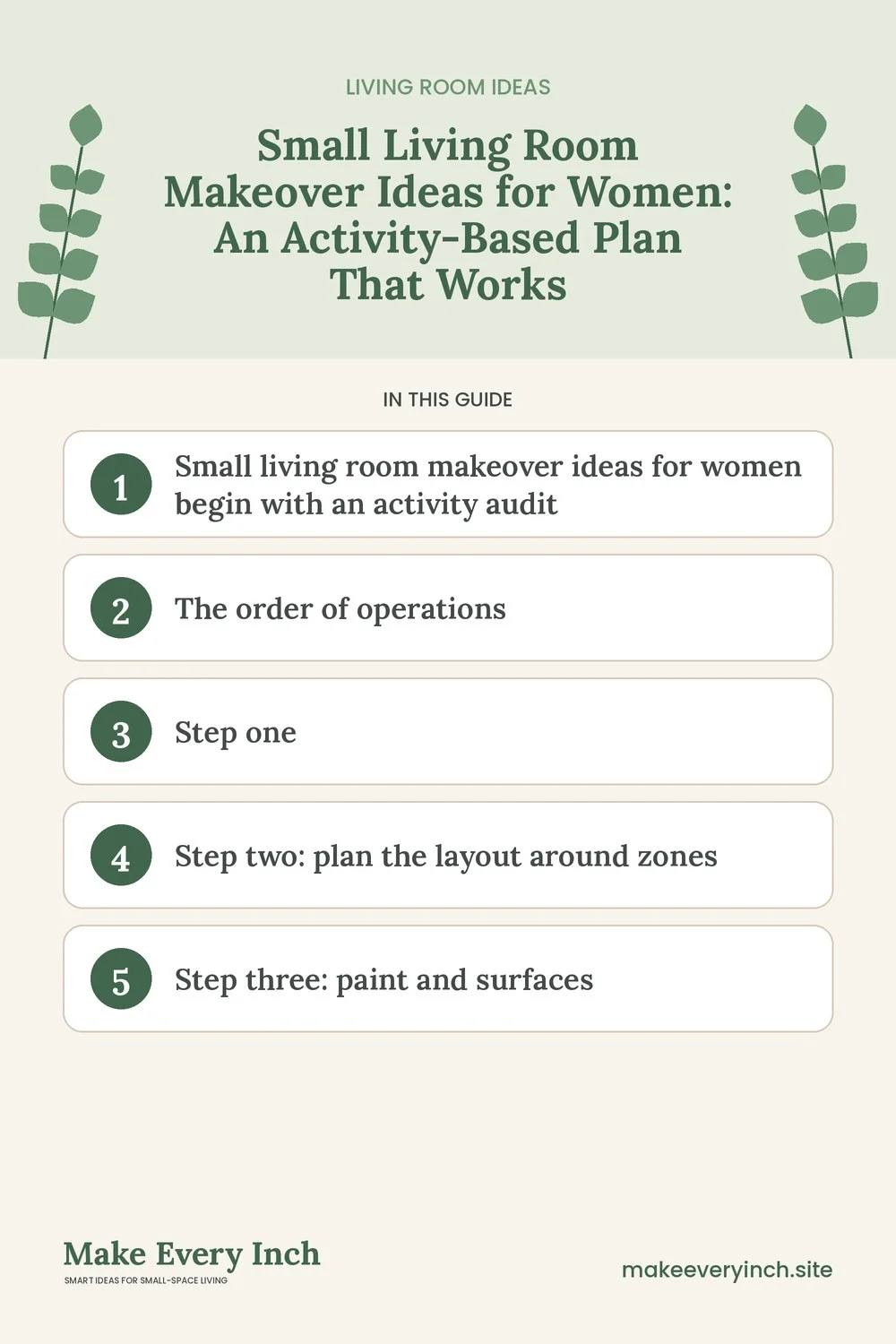 Pinterest pin listing the main topics in: Small Living Room Makeover Ideas for Women