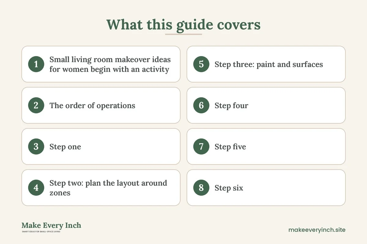 Graphic listing 8 topics covered in: Small Living Room Makeover Ideas for Women