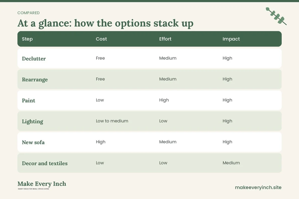 Comparison table of options for: 15 Small Living Room Makeover Ideas That Change Everything (Step, Cost, Effort, Impact)
