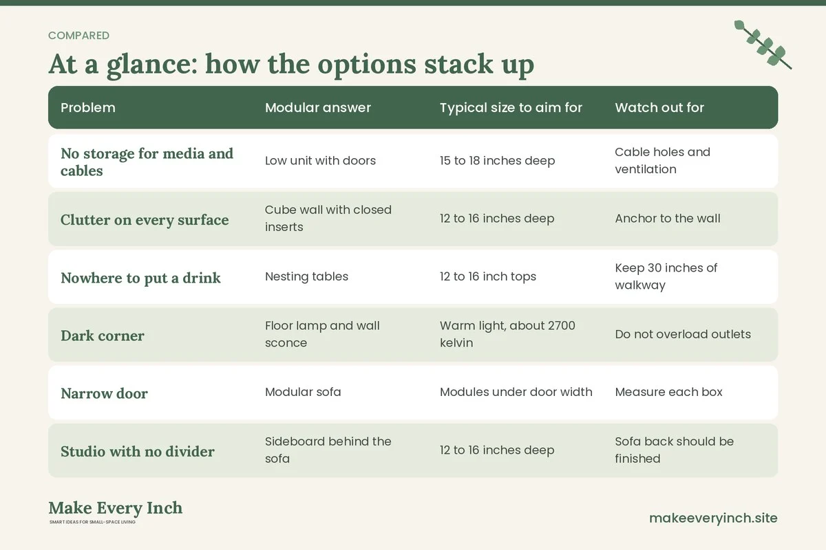 Comparison table of options for: Small Living Room Makeover Ideas IKEA Shoppers Can Plan in 4 Weeks (Problem, Modular answer, Typical size to aim for, Watch out for)