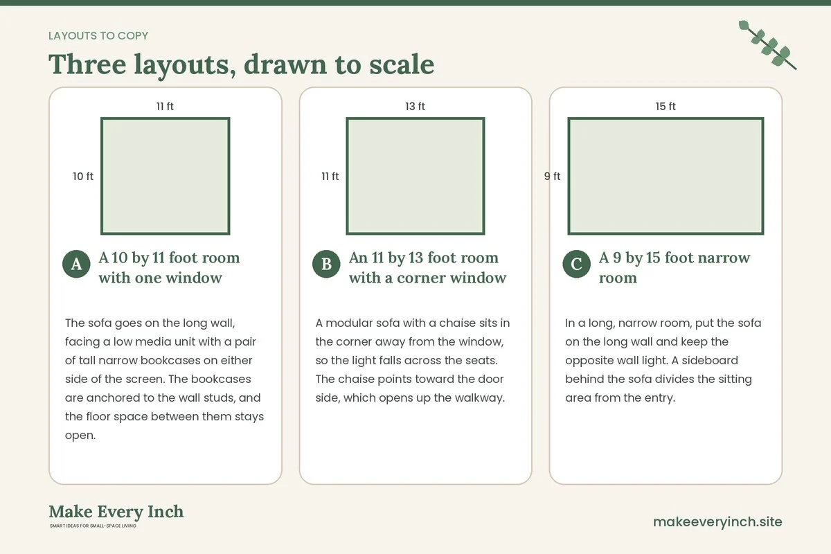 Three room layouts drawn to scale with dimensions and placement notes for: Small Living Room Makeover Ideas IKEA Shoppers Can Plan in 4 Weeks