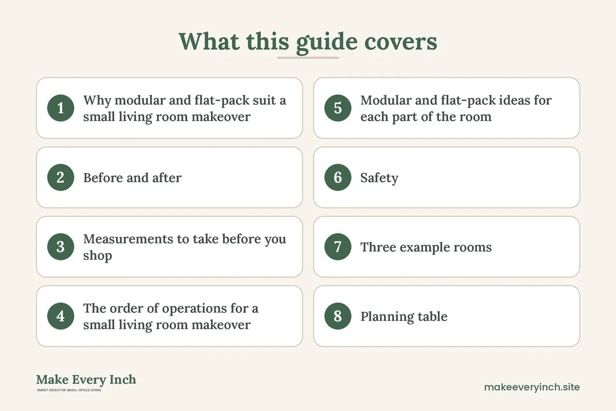 Graphic listing 8 topics covered in: Small Living Room Makeover Ideas IKEA Shoppers Can Plan in 4 Weeks