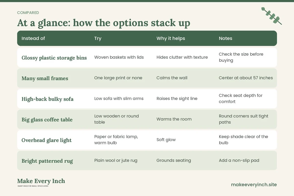 Comparison table of options for: Small Living Room Makeover Ideas Japandi (Instead of, Try, Why it helps, Notes)