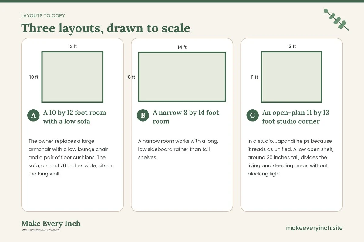 Three room layouts drawn to scale with dimensions and placement notes for: Small Living Room Makeover Ideas Japandi