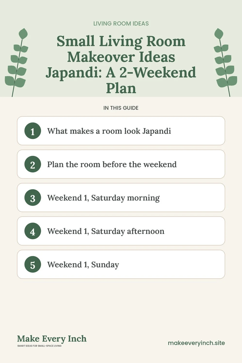 Pinterest pin listing the main topics in: Small Living Room Makeover Ideas Japandi