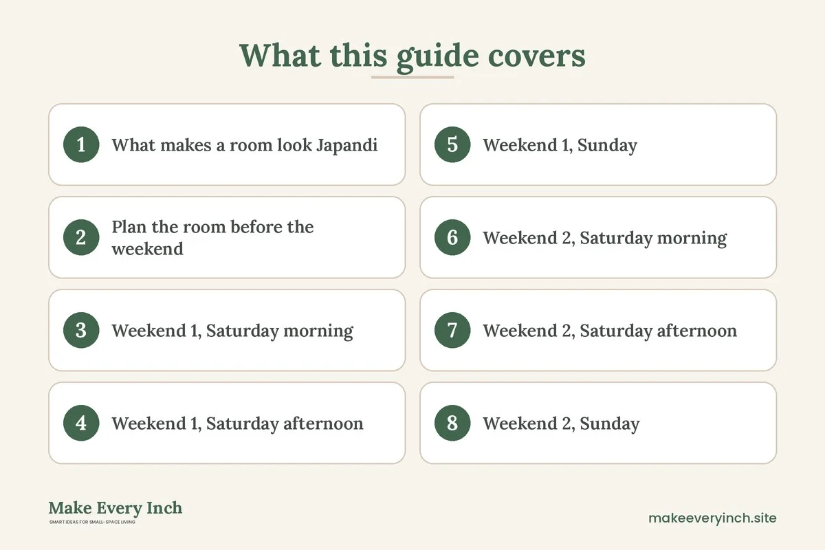 Graphic listing 8 topics covered in: Small Living Room Makeover Ideas Japandi