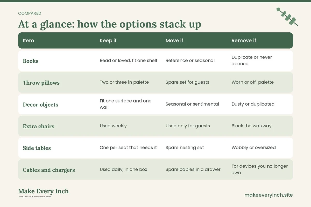 Comparison table of options for: Small Living Room Makeover Ideas Minimalist (Item, Keep if, Move if, Remove if)