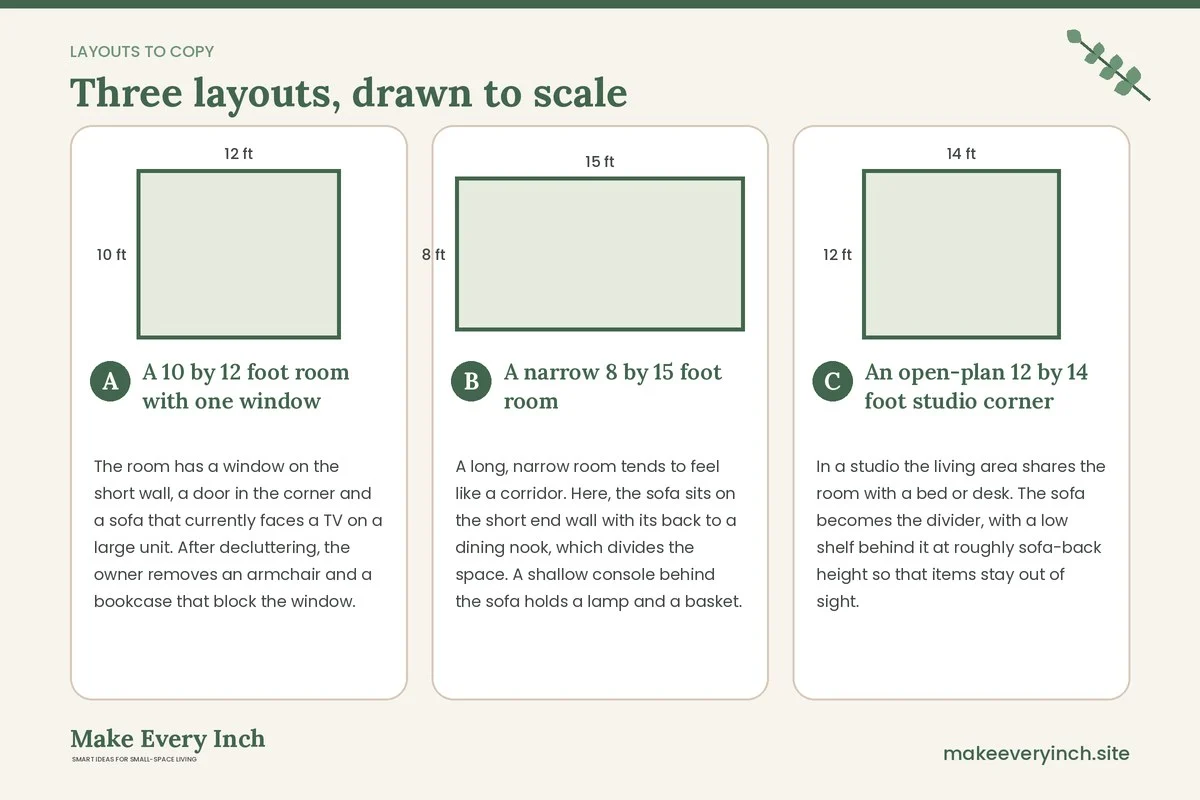 Three room layouts drawn to scale with dimensions and placement notes for: Small Living Room Makeover Ideas Minimalist
