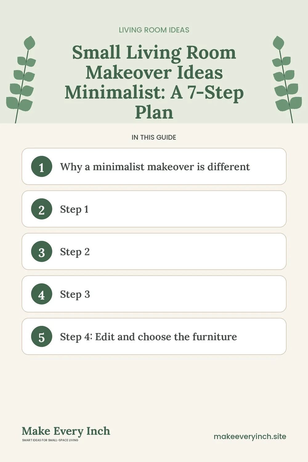 Pinterest pin listing the main topics in: Small Living Room Makeover Ideas Minimalist
