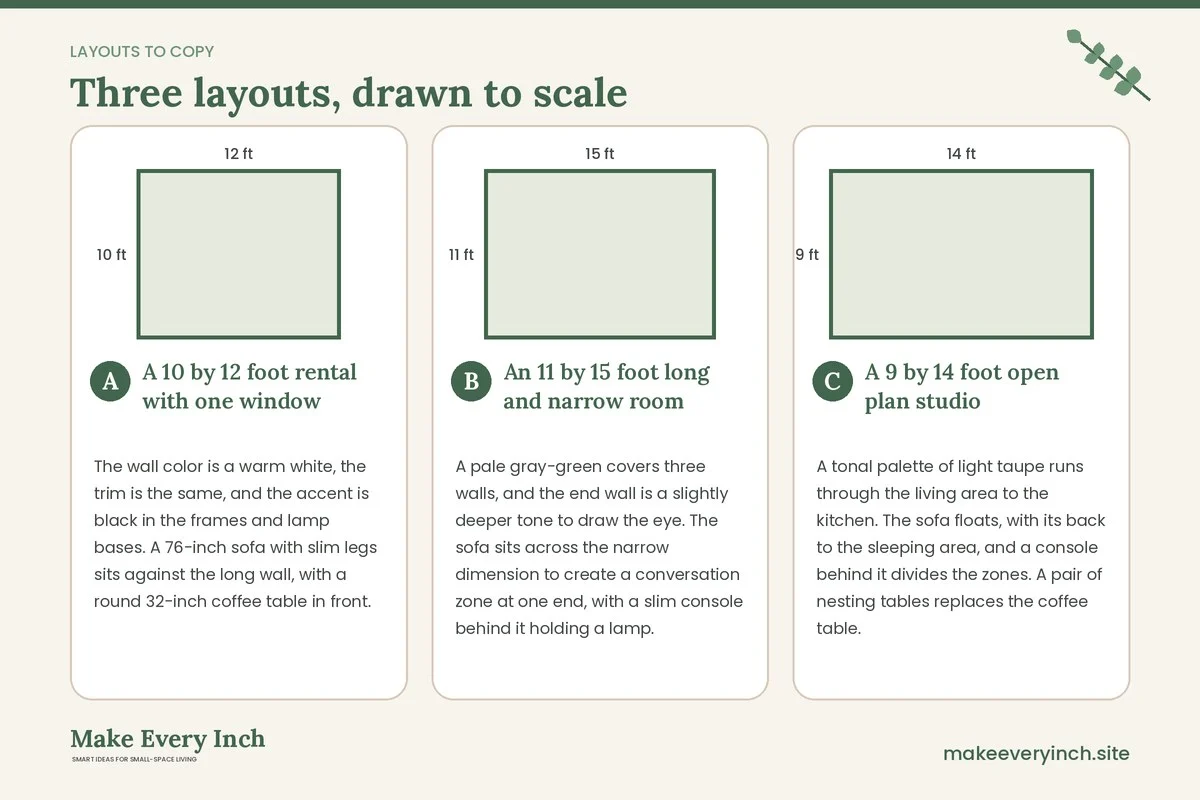 Three room layouts drawn to scale with dimensions and placement notes for: Small Living Room Makeover Ideas Modern