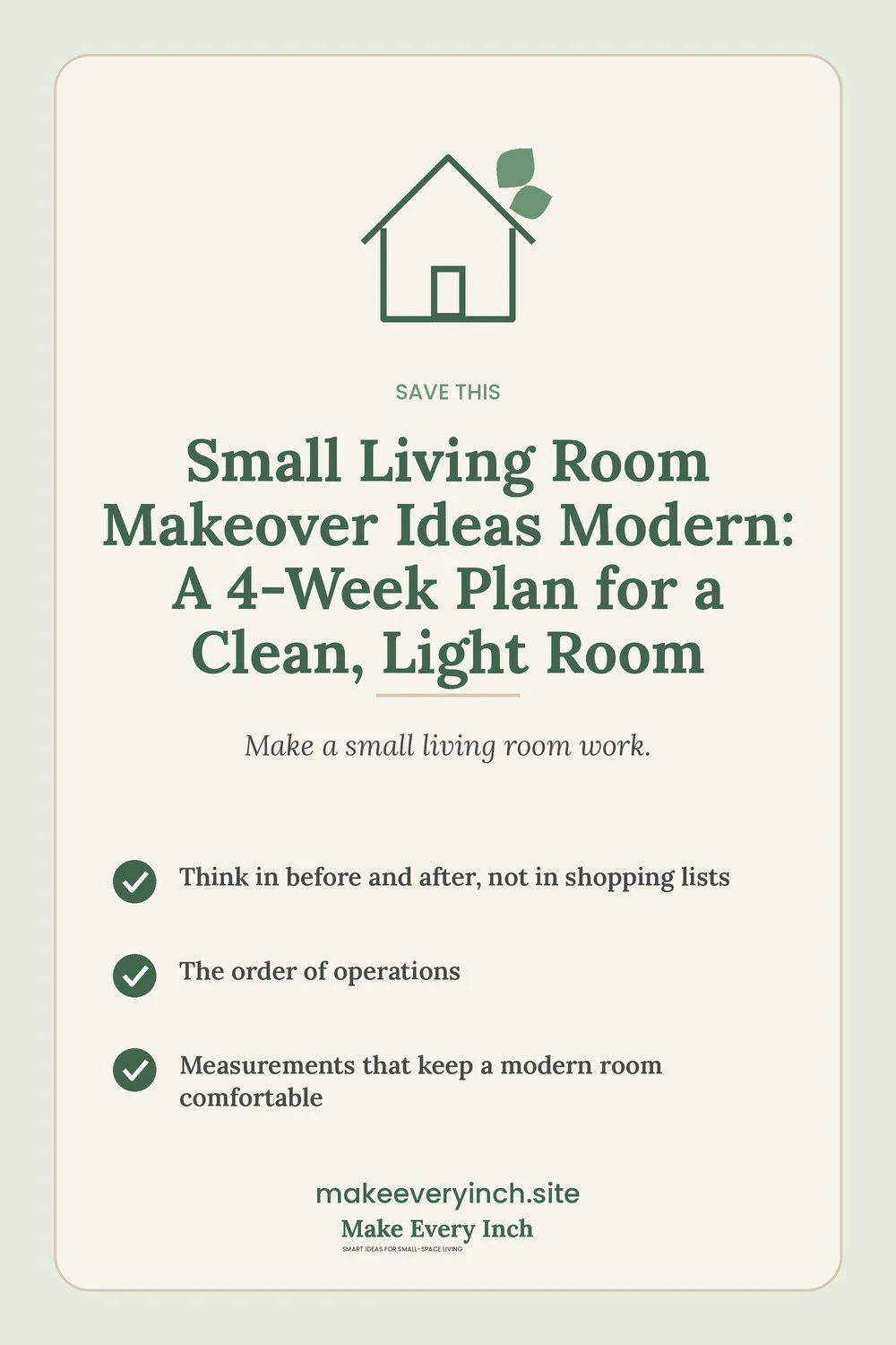 Save-this Pinterest pin with a short checklist for: Small Living Room Makeover Ideas Modern