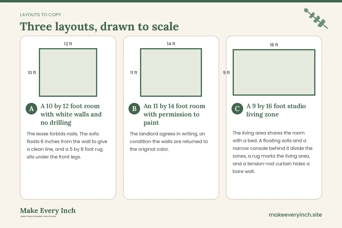 Three room layouts drawn to scale with dimensions and placement notes for: Small Living Room Makeover Ideas Renter Friendly