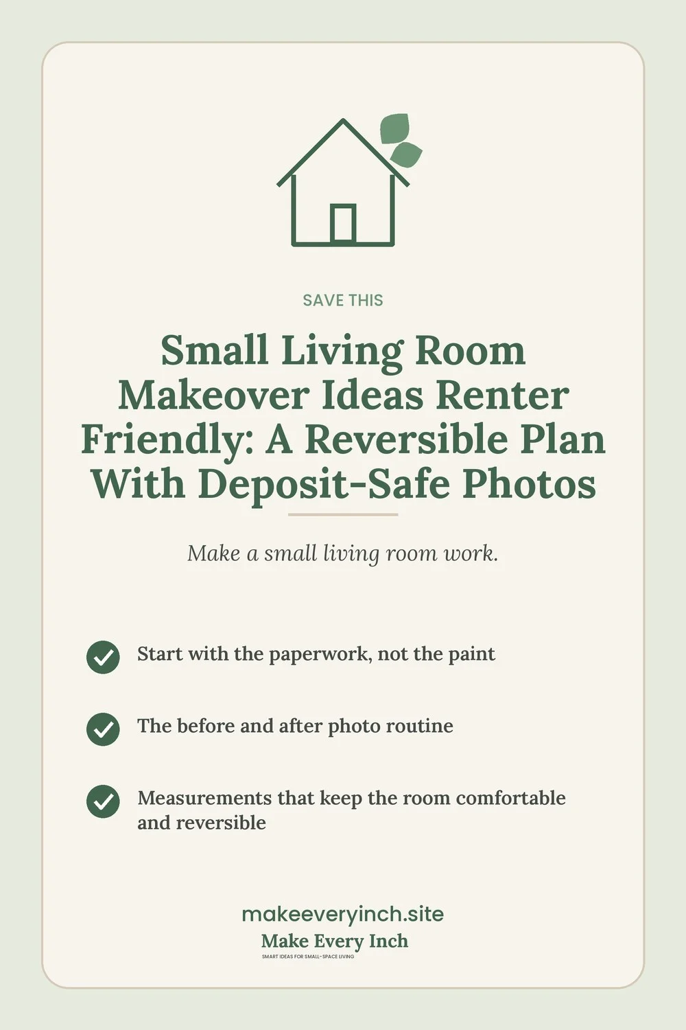 Save-this Pinterest pin with a short checklist for: Small Living Room Makeover Ideas Renter Friendly