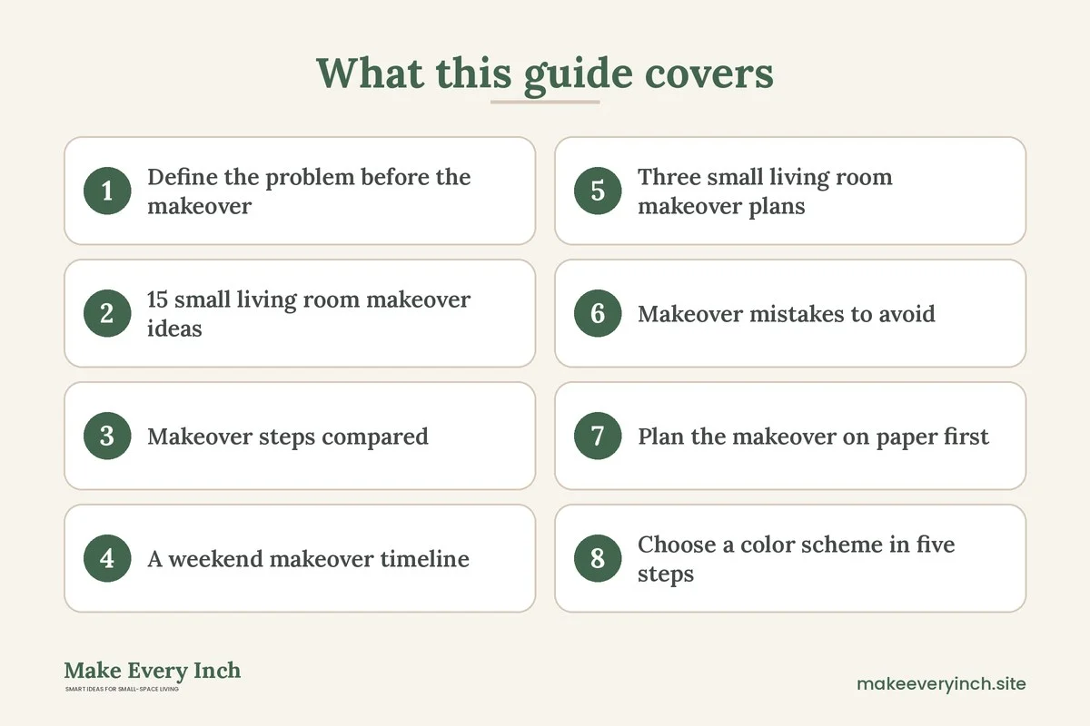 Graphic listing 8 topics covered in: 15 Small Living Room Makeover Ideas That Change Everything