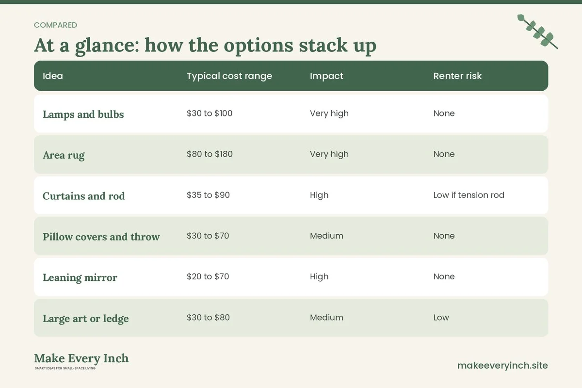 Comparison table of options for: 21 Small Living Room Makeover Ideas Under $500 That Add Up (Idea, Typical cost range, Impact, Renter risk)