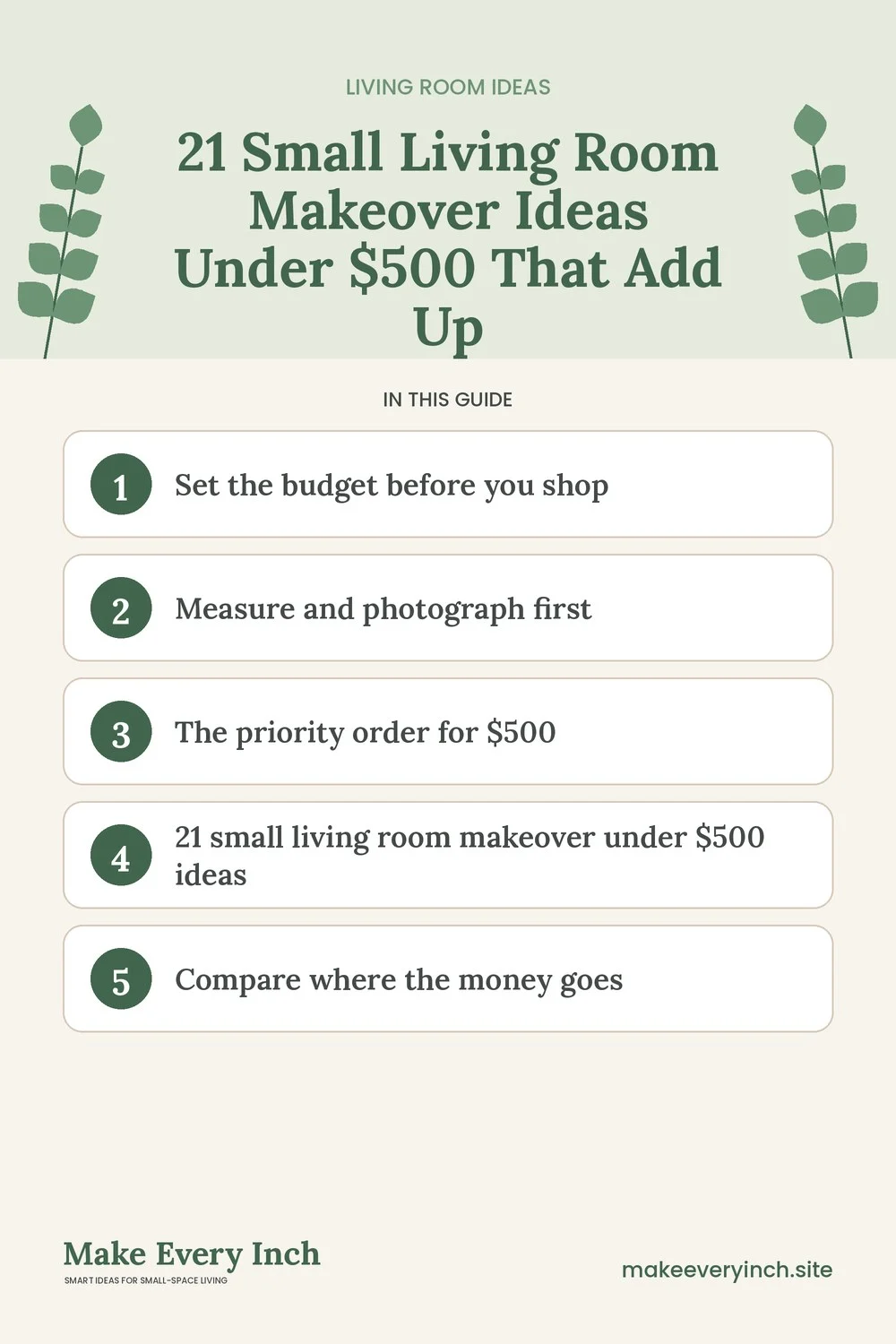 Pinterest pin listing the main topics in: 21 Small Living Room Makeover Ideas Under $500 That Add Up