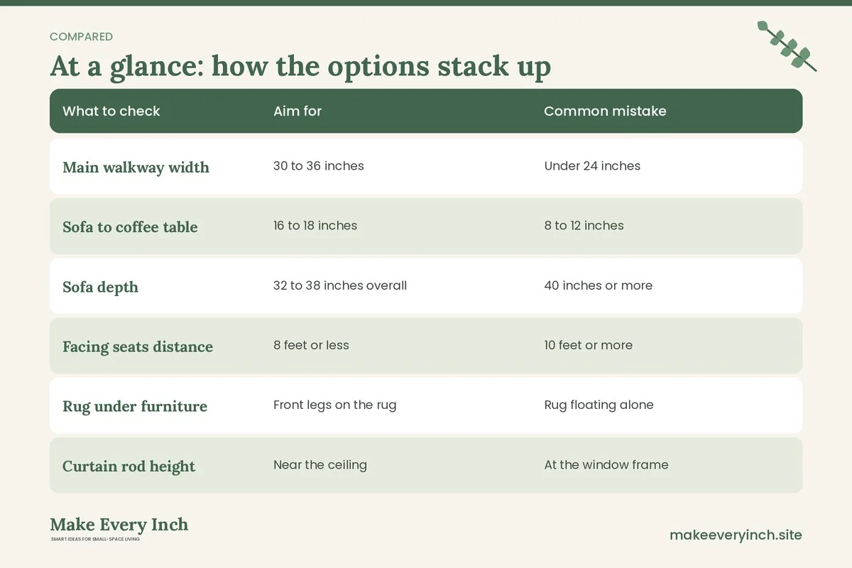 Comparison table of options for: 16 Small Living Room Mistakes That Waste Space, and Fixes (What to check, Aim for, Common mistake)