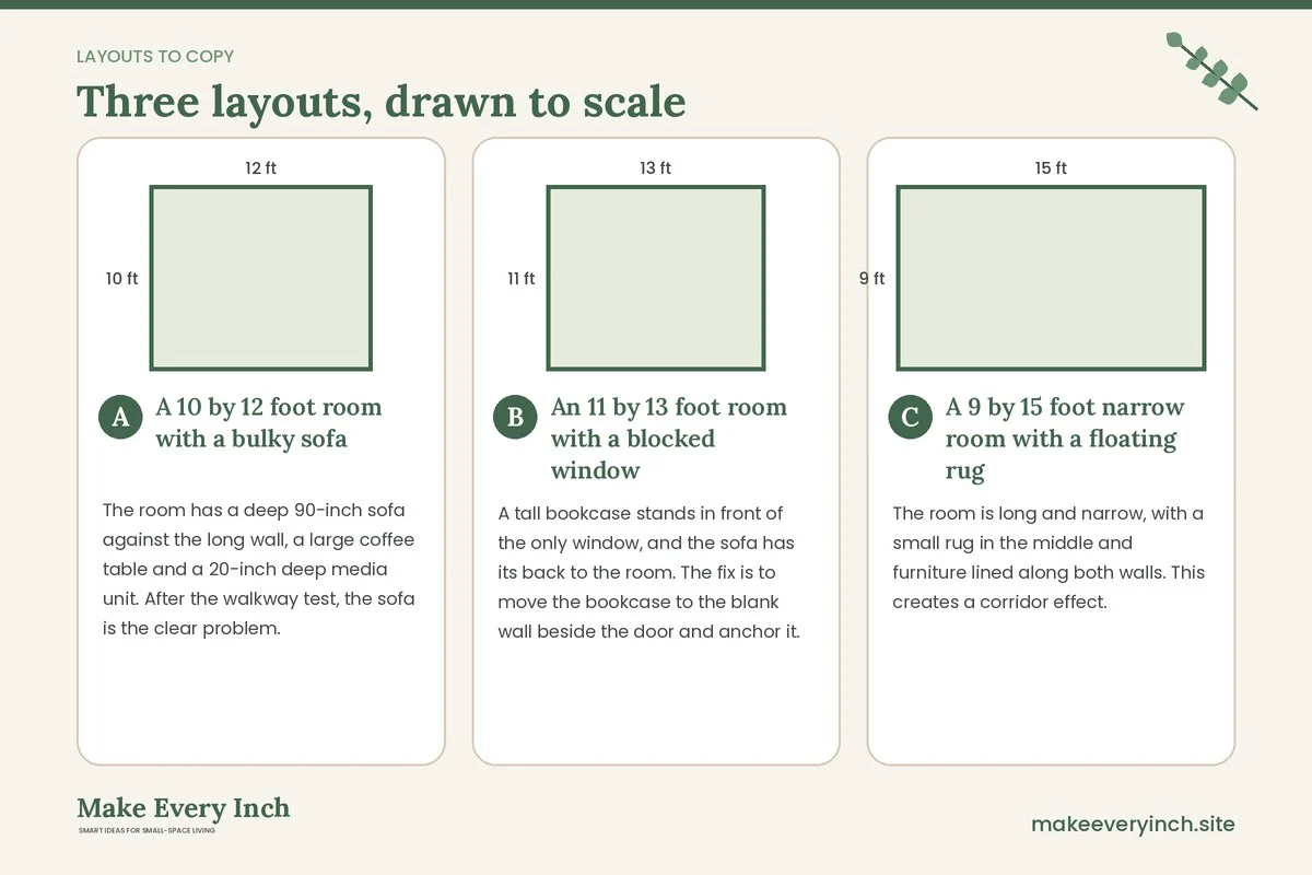Three room layouts drawn to scale with dimensions and placement notes for: 16 Small Living Room Mistakes That Waste Space, and Fixes