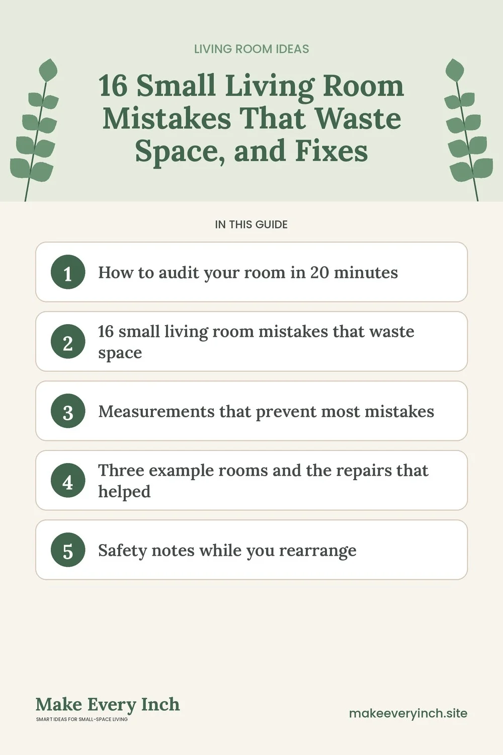 Pinterest pin listing the main topics in: 16 Small Living Room Mistakes That Waste Space, and Fixes