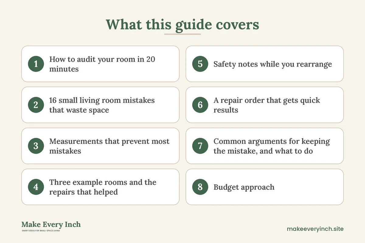 Graphic listing 8 topics covered in: 16 Small Living Room Mistakes That Waste Space, and Fixes