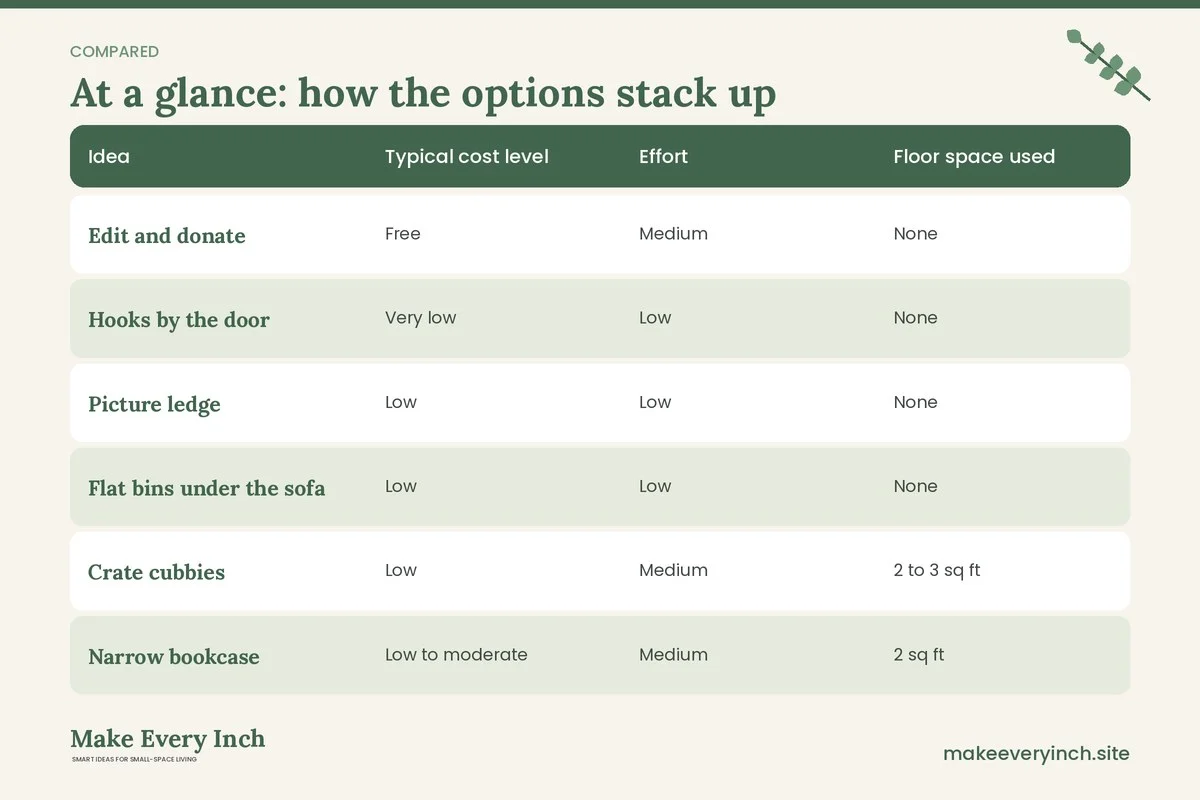Comparison table of options for: 17 Small Living Room Storage Ideas Budget Plans That Actually Hold Clutter (Idea, Typical cost level, Effort, Floor space used)