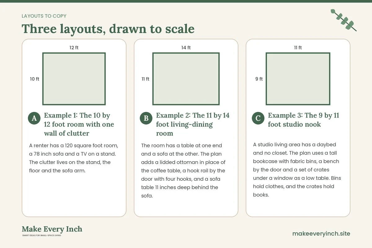 Three room layouts drawn to scale with dimensions and placement notes for: 17 Small Living Room Storage Ideas Budget Plans That Actually Hold Clutter