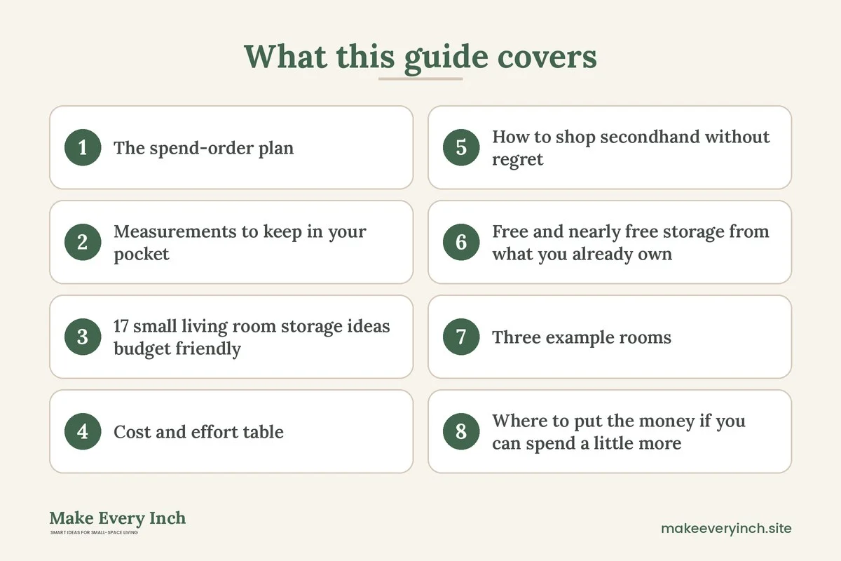 Graphic listing 8 topics covered in: 17 Small Living Room Storage Ideas Budget Plans That Actually Hold Clutter