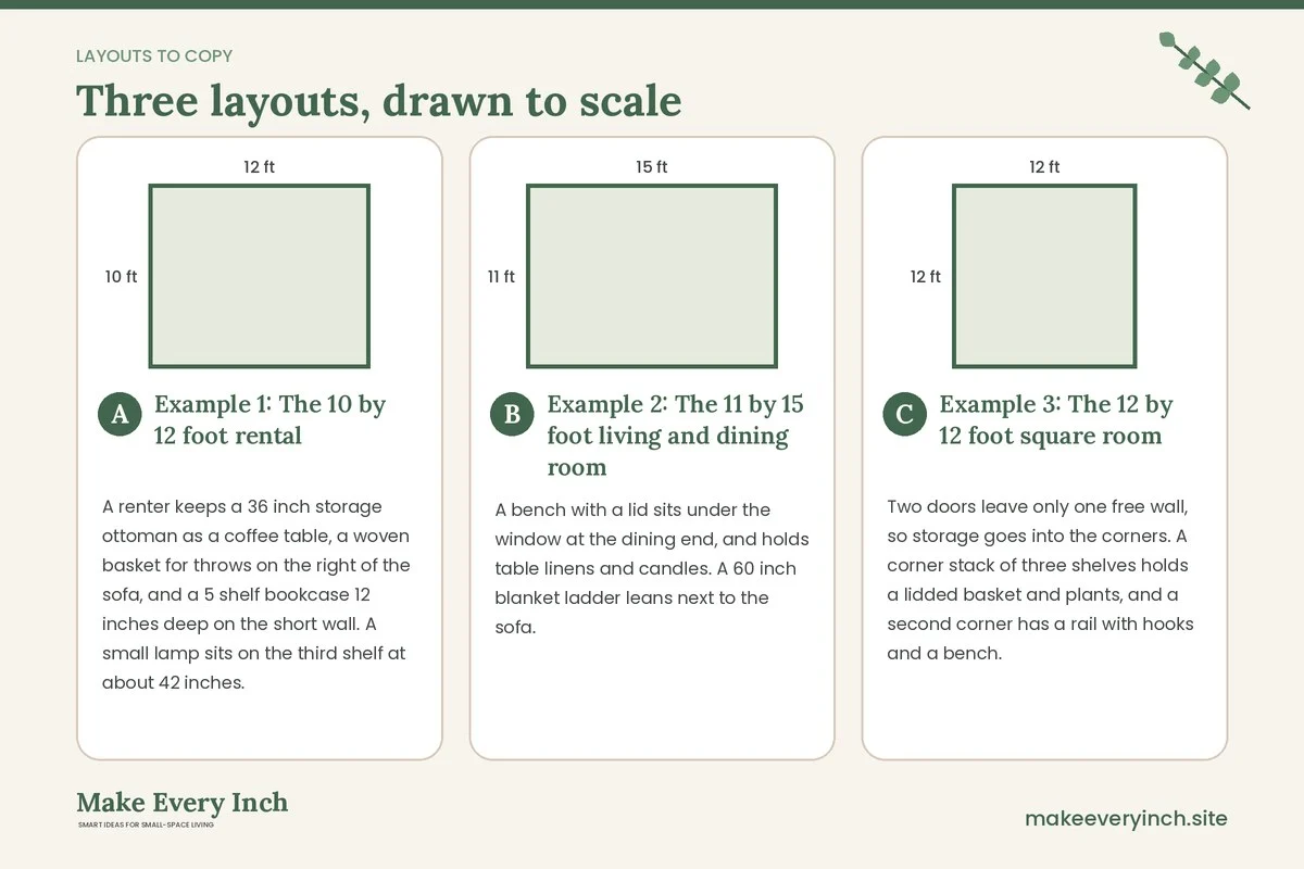 Three room layouts drawn to scale with dimensions and placement notes for: 17 Small Living Room Storage Ideas Cozy Homes Love