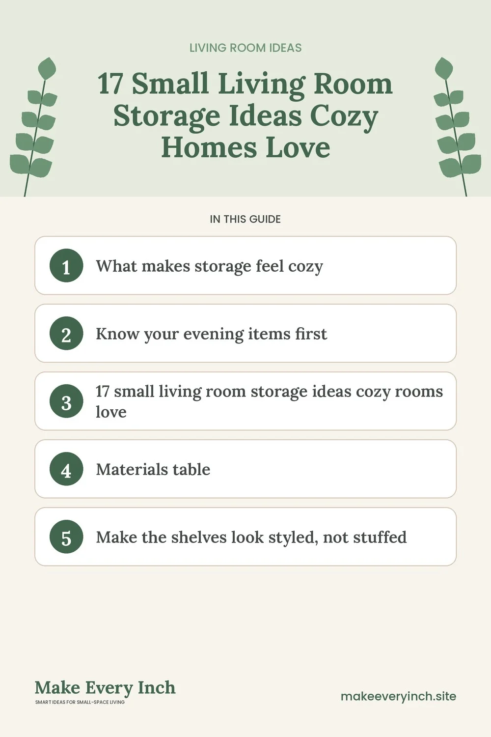 Pinterest pin listing the main topics in: 17 Small Living Room Storage Ideas Cozy Homes Love