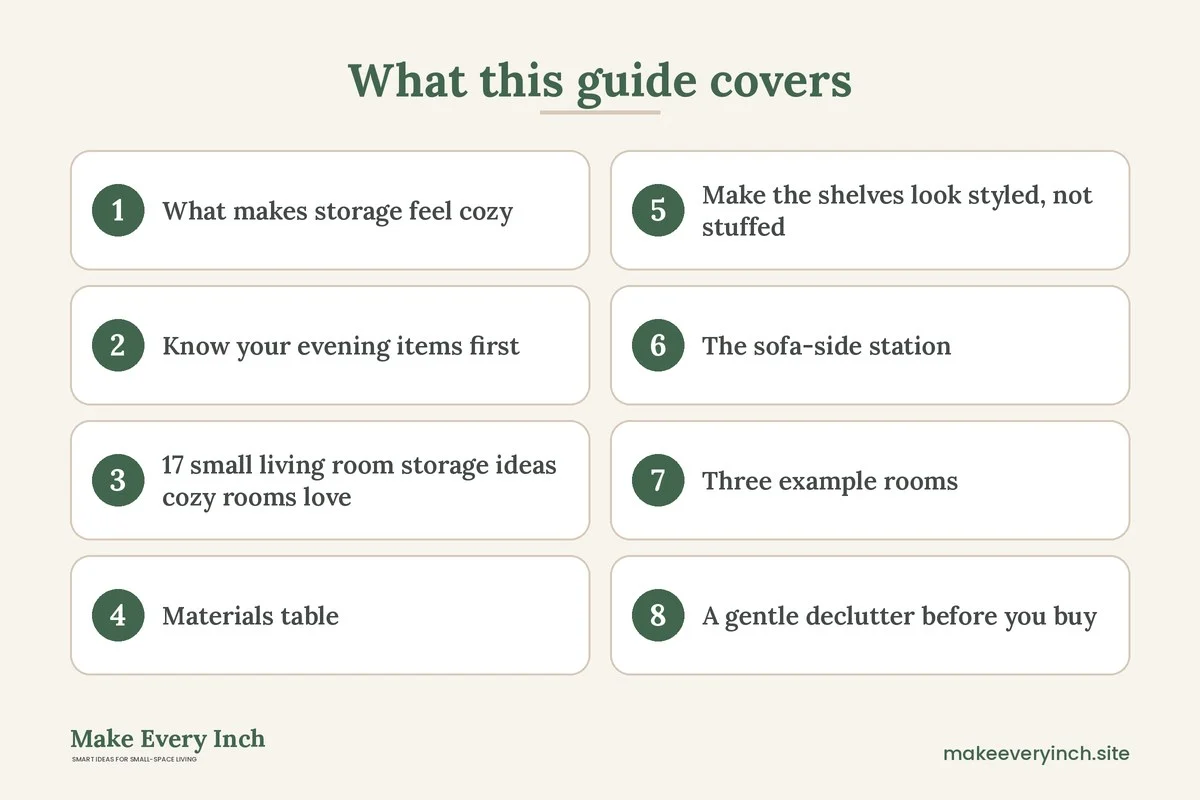 Graphic listing 8 topics covered in: 17 Small Living Room Storage Ideas Cozy Homes Love