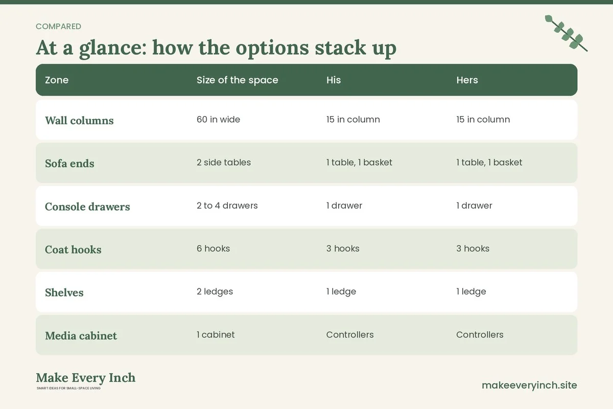 Comparison table of options for: 15 Small Living Room Storage Ideas for Couples Who Share Every Inch (Zone, Size of the space, His, Hers)