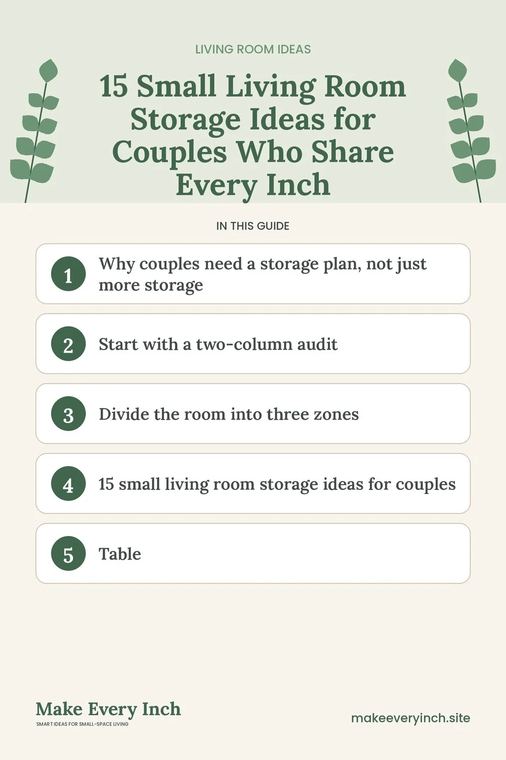 Pinterest pin listing the main topics in: 15 Small Living Room Storage Ideas for Couples Who Share Every Inch