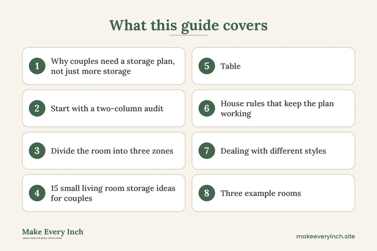 Graphic listing 8 topics covered in: 15 Small Living Room Storage Ideas for Couples Who Share Every Inch