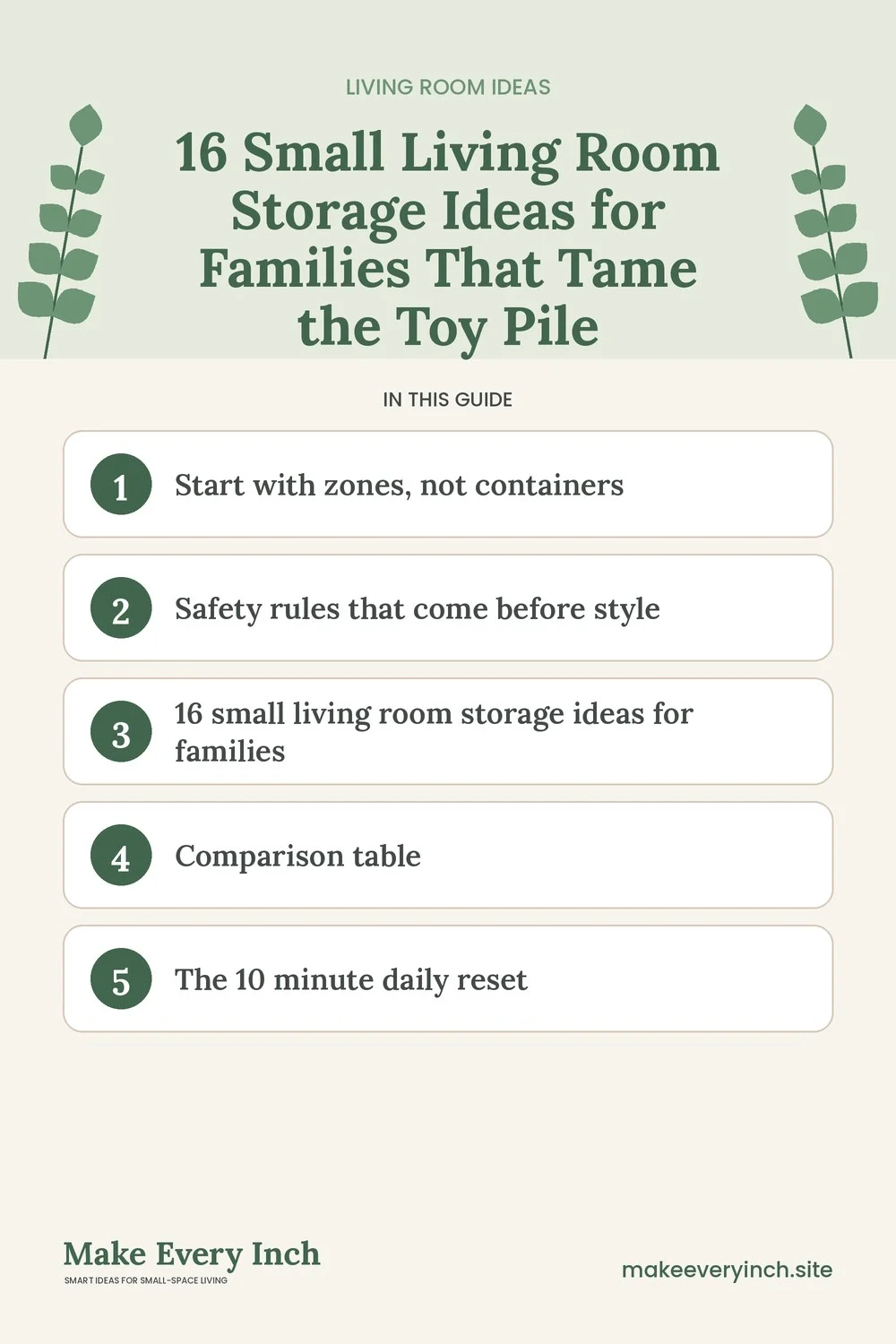 Pinterest pin listing the main topics in: 16 Small Living Room Storage Ideas for Families That Tame the Toy Pile