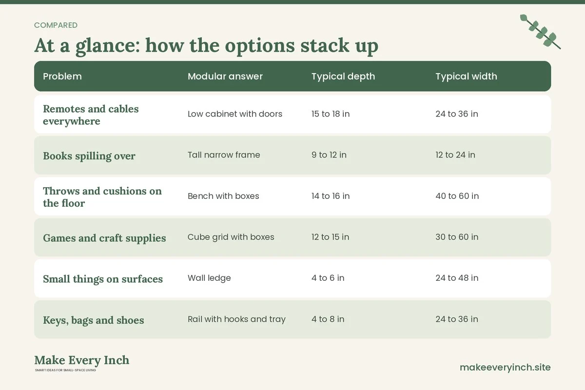 Comparison table of options for: 15 Small Living Room Storage Ideas IKEA Shoppers Can Plan With Flat-Pack Parts (Problem, Modular answer, Typical depth, Typical width)