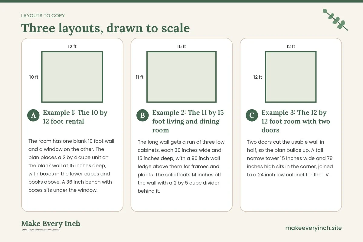 Three room layouts drawn to scale with dimensions and placement notes for: 15 Small Living Room Storage Ideas IKEA Shoppers Can Plan With Flat-Pack Parts