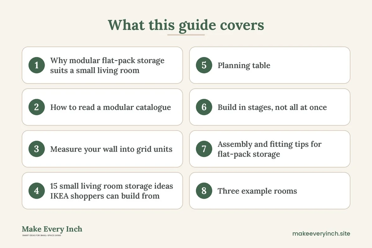 Graphic listing 8 topics covered in: 15 Small Living Room Storage Ideas IKEA Shoppers Can Plan With Flat-Pack Parts