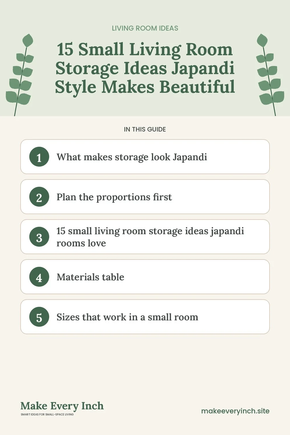 Pinterest pin listing the main topics in: 15 Small Living Room Storage Ideas Japandi Style Makes Beautiful
