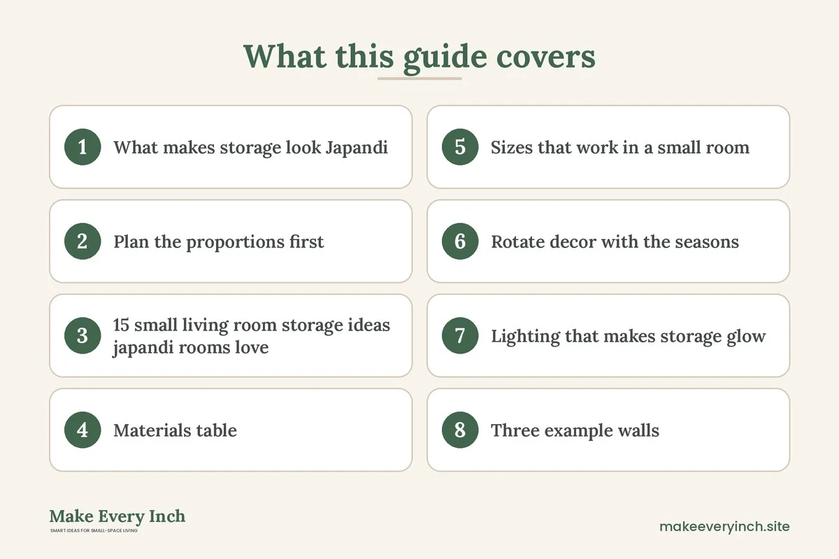 Graphic listing 8 topics covered in: 15 Small Living Room Storage Ideas Japandi Style Makes Beautiful