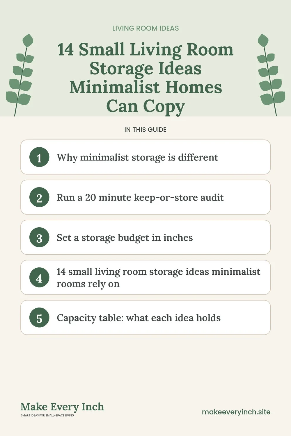 Pinterest pin listing the main topics in: 14 Small Living Room Storage Ideas Minimalist Homes Can Copy