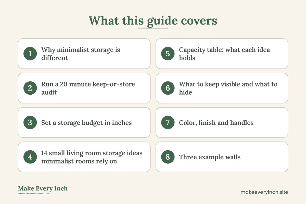 Graphic listing 8 topics covered in: 14 Small Living Room Storage Ideas Minimalist Homes Can Copy