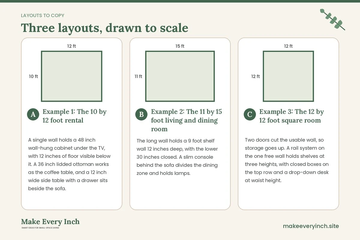 Three room layouts drawn to scale with dimensions and placement notes for: 16 Small Living Room Storage Ideas Modern Rooms Use to Stay Clean