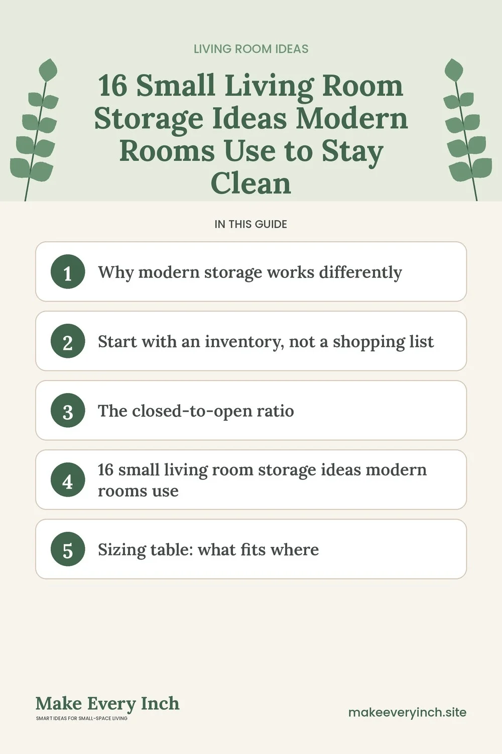 Pinterest pin listing the main topics in: 16 Small Living Room Storage Ideas Modern Rooms Use to Stay Clean