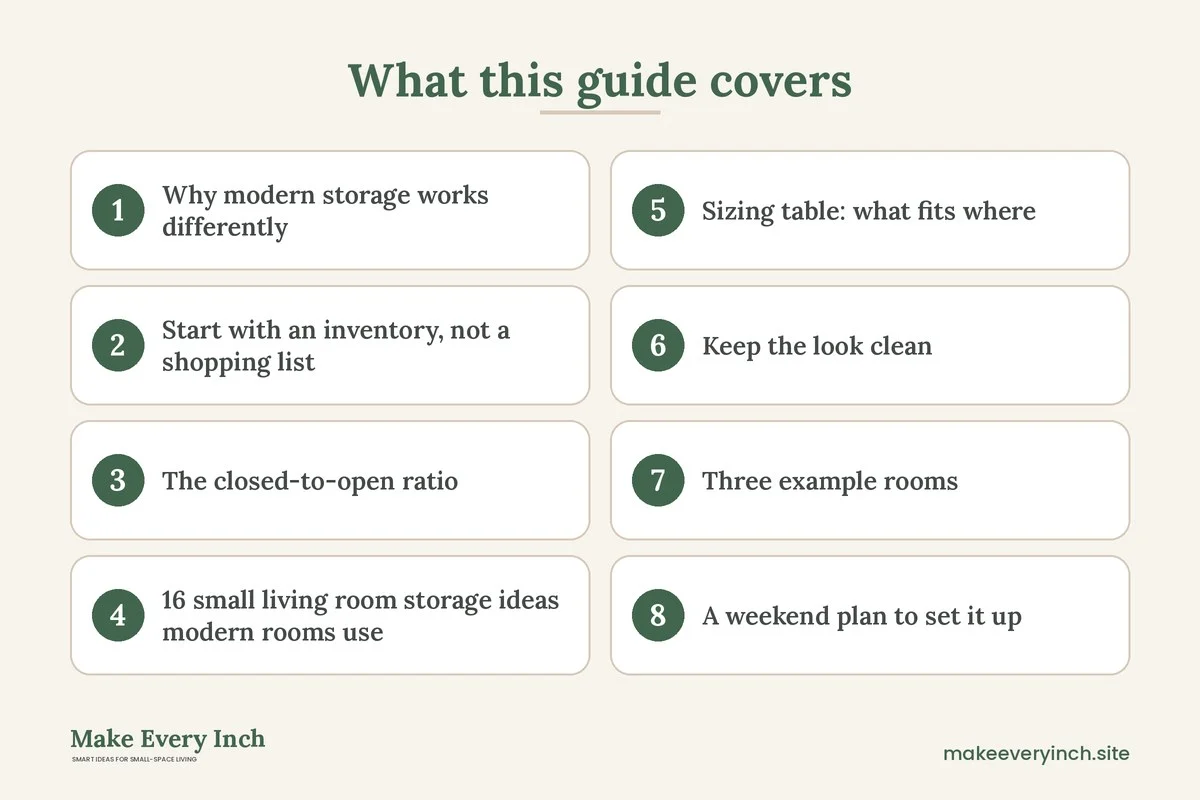 Graphic listing 8 topics covered in: 16 Small Living Room Storage Ideas Modern Rooms Use to Stay Clean