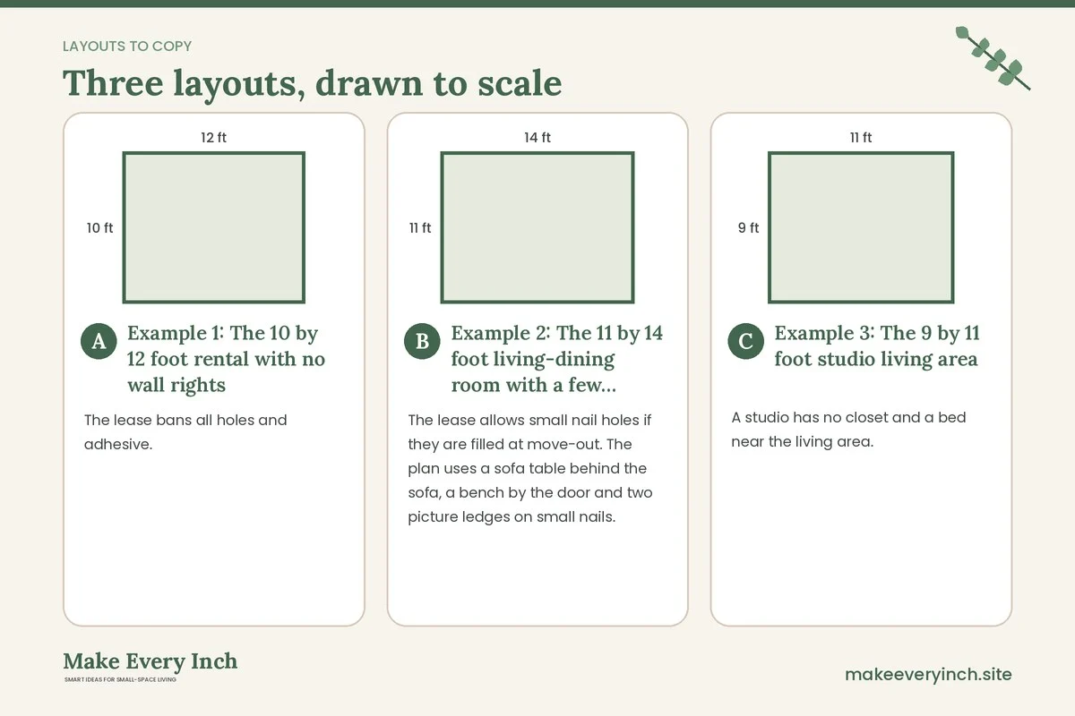 Three room layouts drawn to scale with dimensions and placement notes for: 18 Small Living Room Storage Ideas Renter Friendly and Deposit Safe