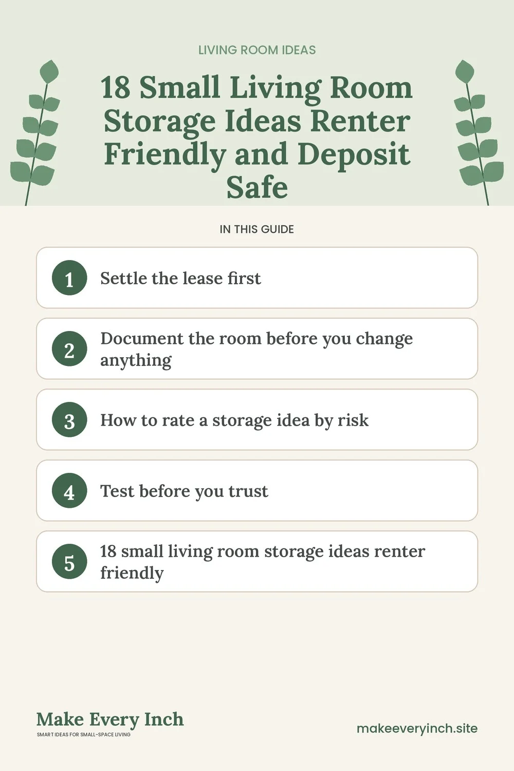 Pinterest pin listing the main topics in: 18 Small Living Room Storage Ideas Renter Friendly and Deposit Safe