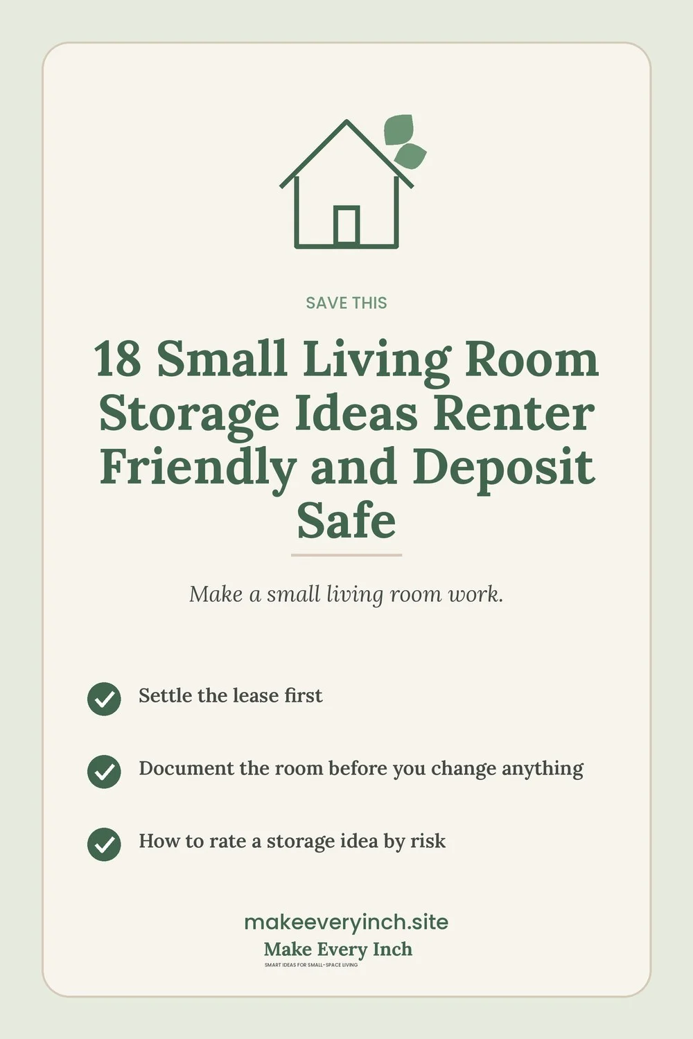 Save-this Pinterest pin with a short checklist for: 18 Small Living Room Storage Ideas Renter Friendly and Deposit Safe