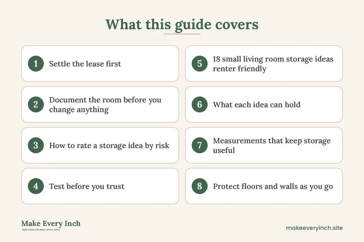 Graphic listing 8 topics covered in: 18 Small Living Room Storage Ideas Renter Friendly and Deposit Safe