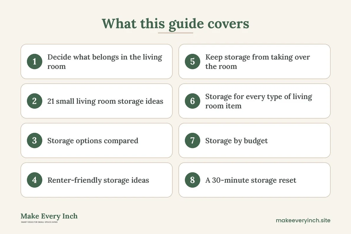 Graphic listing 8 topics covered in: 21 Small Living Room Storage Ideas for Every Inch