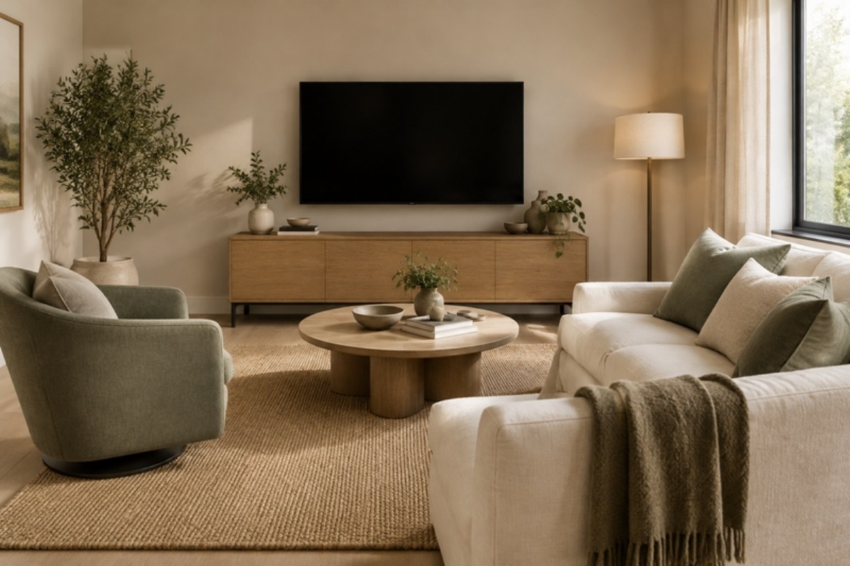 Small living room with a wall-mounted TV above an oak media console, a cream sofa and a sage green swivel armchair around a round coffee table